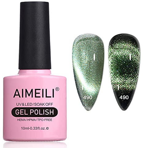 AIMEILI Magnetic Gel Nail Polish 9D Cat Magnet Eye Gel Polish Green, UV LED Soak Off Glitter Gel Nail Varnish Nail Art Manicure Pedicure, Long Lasting & Easy to Apply - (490) 10ml