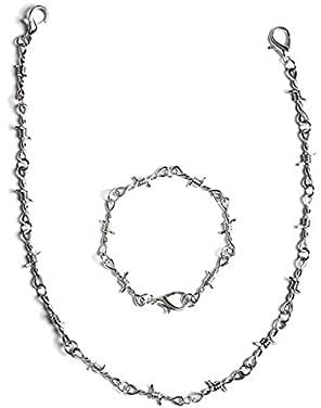 IKFIVQD Mens Chains Silver Unisex Metal Gothic Wire Necklace Set Punk Bracelet Thorns Barbed Necklaces Pendants M Necklaces