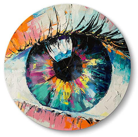 DEQORI Glasuhr | rund Ø 50 cm | Motiv Auge in bunten Ölfarben | große XXL Design Uhr aus Glas | leise Wanduhr für Wohnzimmer & Küche | Moderne Hingucker Uhr für die Wand