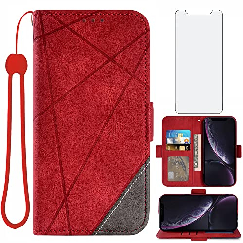 Asuwish Cover per iPhone XR con Pellicola Vetro Temperato Supporto Regolabile Pelle Portacarte Portafoglio per i 10XR 10R RX XRcover Custodie Cellulare Phone Case Rosso