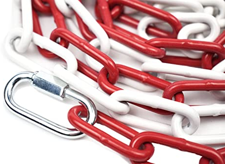 Absperrkette Rot Weiß Metall 2 Meter - Stahl Glieder Ø5mm - Rundstahlkette Warnkette Baustellensicherungskette - Mit 2 Karabinerhaken