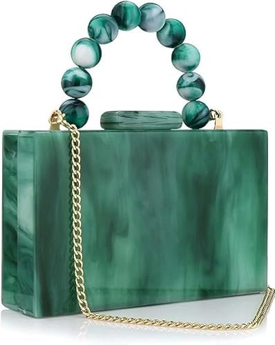 YOUSIS Acryl-Geldbörse, Abend-Clutch, Marmorier-Handtaschen für Damen, Crossbody-Tasche mit Perlenkette, formelle Hochzeit, Abschlussball, Party, grün, Einheitsgröße