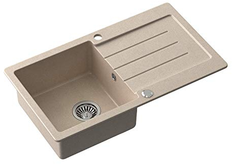 QUADRON Lavello da cucina in granito | dimensioni 77 x 44 x 18,5 cm, beige e acciaio | Lavello JOHNNY 111 in granito Lavello a vasca singola | Lavello da incasso con foro per rubinetto