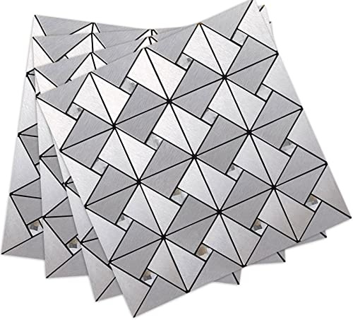 DICOFUN 3mm Square Self Adhesive Wall Tiles, Brushed Silver Metal Mixed Glass Diamonds Stick on Tile, Splashback Tile Stickers for Kitchen & Bathroom (10 Tiles)