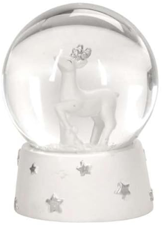 dekorative nostalgische Schneekugel mit weißem Hirsch mit silbernem Glitzergeweih und Glitzerschnee