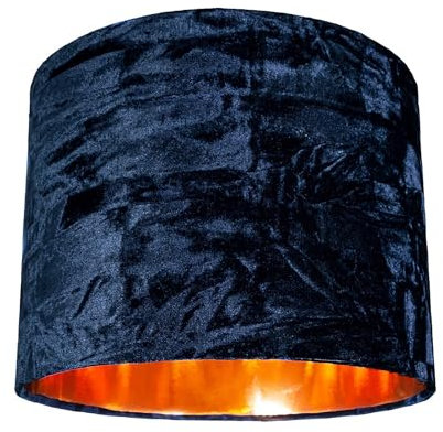 Modern and On-Trend Vivid Midnight Blue Crushed Velvet Fabric 8 Table or Pendant Circular Drum Lampshade with Shiny Copper Inner | Perfect for Residential or Commercial by Happy Homewares