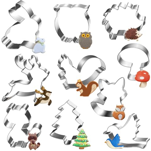 Ausstechform Set, 10 Stück Waldtiere Plätzchen Ausstecher, Fuchs, Hase, Weihnachtsbaum, Waschbär, Eule, Pilz, Vogel, Hirsch, Igel, Eichhörnchen, Für DIY Fondant Teig Sugarcraft Dekoration