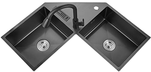 Fregadero de Cocina, Fregadero esquinero de Acero Inoxidable, Fregadero esquinero Doble en Forma de L con Soporte para Cuchillos, Mezclador extraíble