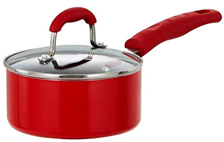 Kochtopf aus Aluminium mit Deckel aus gehärtetem Glas, kühl bleibender Silikongriff für Induktion/Gas, Multikochen 16 cm (6,3 Zoll), rote Bratpfanne Interesting