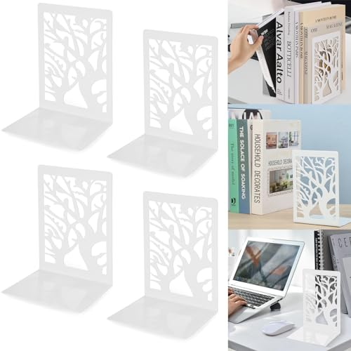 SAMSYOKI 2 Paar Buchstütze, Buchstützen Metall Dekorative Bücher Halter Regal Aushöhlen Rutschfester Buchstopper Bookends für Kinder Zuhause, Büro, Bibliothek, Schule (Weiß 2)