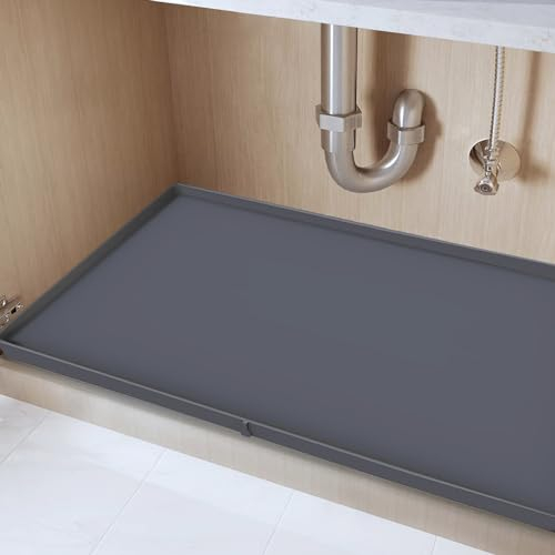 Tapete para debajo del fregadero con diseño único de agujero de drenaje, tapete de silicona de 34 x 22 pulgadas para debajo del fregadero de la cocina, tiene capacidad para 3.3 galones de líquido,