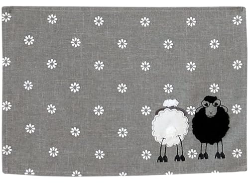Süßer Frühlings Tischläufer mit Schafen Blumen Stick grau weiß - Tischdecke Schafe BRENDA Osterdeko 35 x 50 cm Tischdeko Polyester - Kunststoff Läufer Frühlingsdeko, Party, Geburtstag