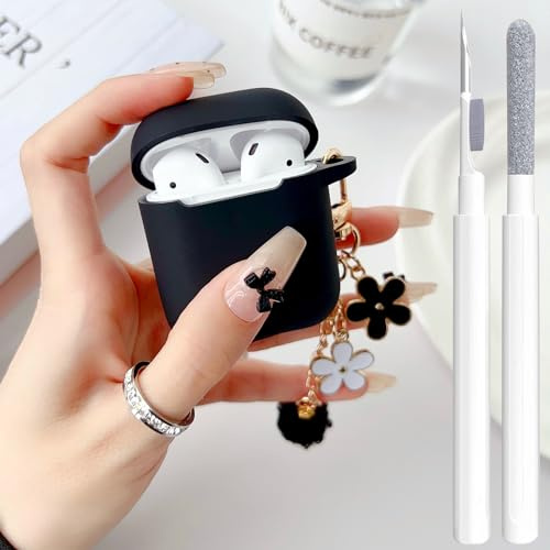 Cute black protective case for Airpods 2nd / 1st generation, for girls and women, with pom-pom flower keychain and cleaning set, soft silicone, for Airpods 2nd / 1st generation, Black