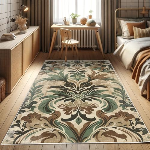ABAKUHAUS Bohemian Dekorativer Teppich, Boho Laubiges Damast Herbstlich, Hochwertiger Flächenteppich für Schlafzimmer und Wohnzimmer, 60x152 cm, Beige Schokolade