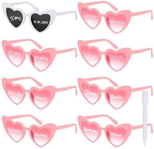 BOOMTOP 8 Stück Herz Sonnenbrille Personalisiert Herz Brillen Hochzeit JGA Brille Damen Hippie Brillen Lustige Partybrille Weiß/Rosa/Schwarz mit Stift Junggesellenschied Deko für Karneval Mottoparty