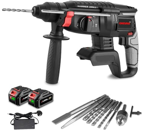 ONEVAN Trapano a Percussione a Batteria Brushless SDS-Plus, 2.1J Martello Perforatore Demolitore Leggero,Incl. 2 Batterie 4.0Ah e Kit 10 Punte,Ideale per Foratura e Demolizione su Cemento e Muratura