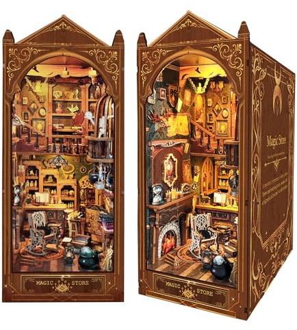 Magic Store Buchecken-Bausatz Book Nook DIY Miniatur-Puppenhaus-Bücherregaleinsatz mit LED-Licht, Kreatives Bastelmodell für Erwachsene und Jugendliche