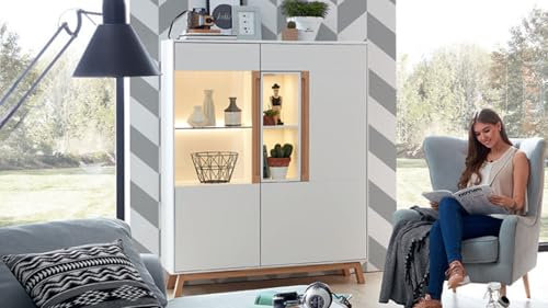 Möbel Akut Highboard Light Line 5 Wohnzimmer Schrank weiß matt lackiert Gestell Eiche massiv