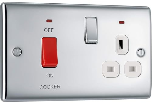 AMK® BG Polished Chrome Double Pole Switch 13 Amp Socket 45 Amp Safe Cooker Connection With Indicator Lights