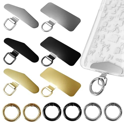 Jiehaojia 6Pcs Stainless Steel Phone Tether Tab Thinner Durable Cell Phone Lanyard Patch Pad Without Adhesive, Universal Phone Strap Replacement Part for All Full Phone Cases(Black, Silver, Gold)