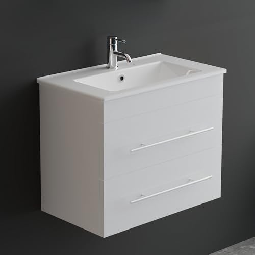 Alpenberger Badmöbel Set mit Waschbecken | Badschrank mit 2 Schubladen | Hängeschrank Bad | Waschtisch mit Unterschrank | Badezimmer Möbel | Waschbeckenunterschrank Weiß - 60 cm