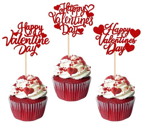 Xsstarmi 30 Packung Schönen Valentinstag Cupcake Toppers Glitzer Süße Liebe Cupcake Picks Dekoration für Hochzeitstag Valentinstag Geburtstag Party Kuchendekoration Rosa