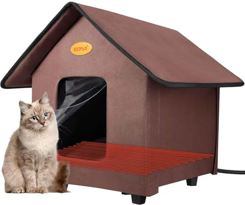 Beheiztes Katzenhaus, Katzenhaus Outdoor Winterfest Wasserdicht mit erhöhtem Sockel, faltbares Katzenhaus für Wildkatzen, Gemeinschaftskatzen und kleine Hunde (Braun)