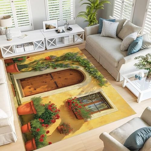 GDJSMIN Area Rug Wooden House,3D Pot Plants Printed Bathroom Carpet,Soft Washable Non-Slip Modern Indoor Decorate Living Room Rug For Entryway Laundry Living Room Kids Room
