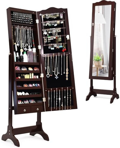 HOMFME Armoire a Bijoux sur Pied avec Miroir Psyché Réglable à 4 Angles, Rangement Bijoux Verrouillable avec 14 Lumières LED, Grand Espace de Rangement, 41,5 x 37 x 160 CM, Idéal pour Chambre, Café