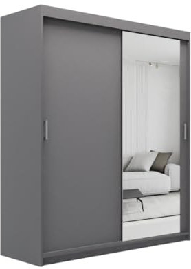 Moderner grauer Schwebetürenschrank mit Spiegel und Schubladen, 180 cm Breite, ideal für Schlafzimmer, Wohnzimmer und Flur