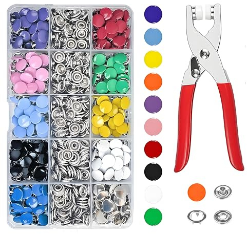 Snap Button Fastener Kit, 200 Sets Metal Poppers Fasteners with Pressure Pliers, Poppers Press Studs Snap Fasteners No Sewing, Snap Button Kit for DIY Clothing, Bags, Handmade (10 Colors, 9.5mm)
