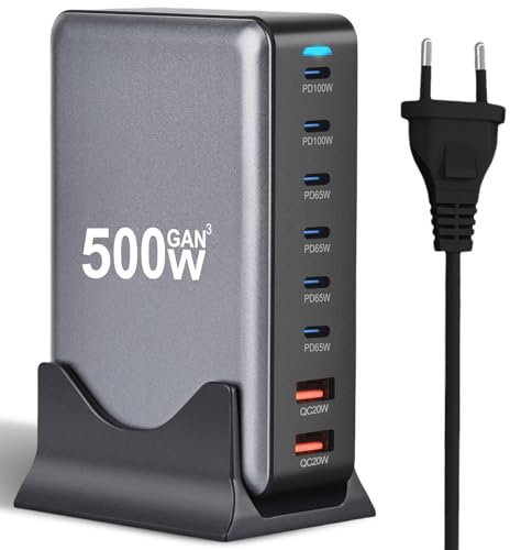 500W USB C Ladegerät 8-Port, Schnellladegerät Adapter mit GaN III und PD 3.1, mit 6 USB-C und 2 USB-A PD PPS Charger 100W Netzteil für MacBook, iPhone, Laptop, iPad, Samsung