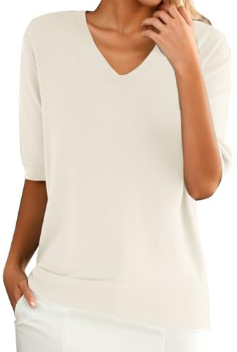 Women's Summer Lightweight Knitted Jumper Thin Top Short Sleeve V-Neck Casual Knitted Jumper Elegant Spring Summer Sweatshirt Plain Short Sleeve Pullover Comfortable Knitted Tops