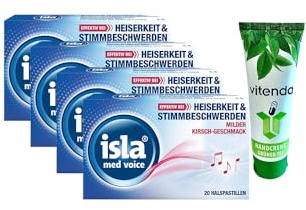 isla® med voice Halspastillen – 4x20 Stück inclusive einer Handcreme von vitenda, bei Heiserkeit und Stimmbandreizungen, mit Hydrogel-Komplex und Isländisch Moos