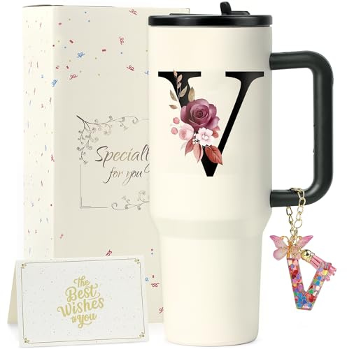 ZIOSINM Personalisierte Geschenke für Frauen, Thermobecher mit Strohhalm | A-Z Doppelwandiger Edelstahl Trinkbecher mit Deckel und Strohhalm, Geschenke für Frauen zu Geburtstag Weihnachten Valentinsta