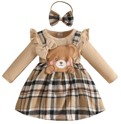 Eqenkely Vêtements Bébé Fille 2 Pièces Barboteuse Robe à Carreaux Manches Longues et Bandeau Ensemble Naissance Jupe Tenues