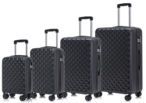 YONSLY Koffer Suitcase Set, Trolley Reisekoffer, Rollkoffer Handgepäck, Kofferset, Gepäckset mit 360° Rollen, Hartschalenreisekoffer, Zahlenschloss, Weicher Gummigriff (4er Set, S,M,L&XL, Schwarz)