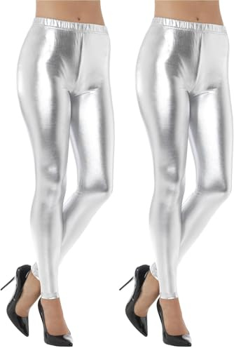 Smiffys 80s Metallic Disco Leggings, Silver, 1980's Fancy Dress, 1980s Dress Up Costumes (Pack of 2)