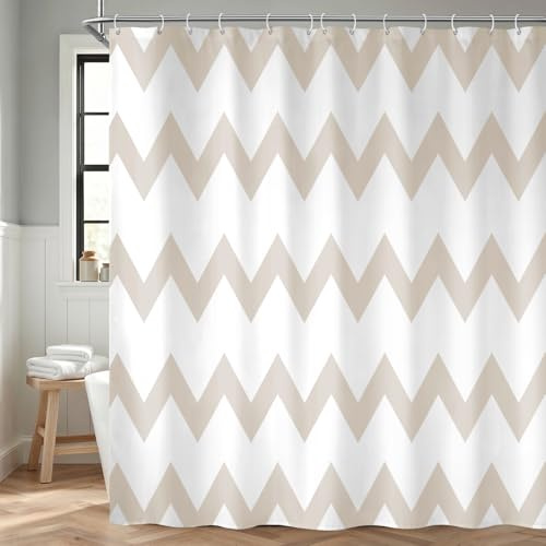 NDDYCU Duschvorhang Beige 180x200, Gestreift Duschrollo für Badewanne Anti Schimmel Stoff Shower Curtain Bunt mit 12 Haken 183x198 cm