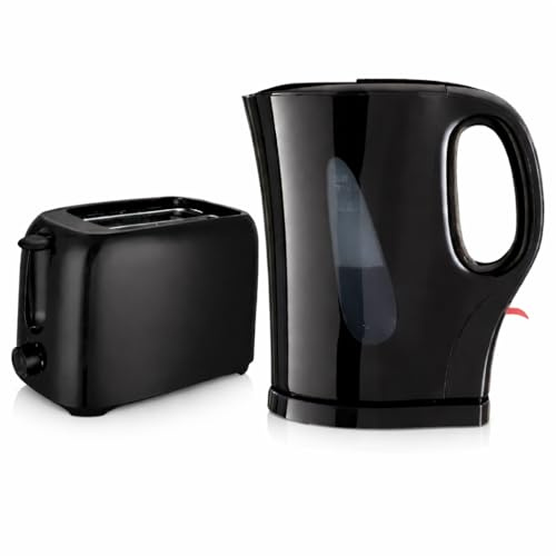 Kingtoss Electric Kettle and 2 Slice Toaster Set, 1.7L 2200W Fast Boil Cordless Jug with Safety Shut Off, 650W Toaster with 6 Level Browning Control and Easy Clean Crumb Black Tray