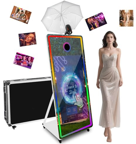 Máquina de cabina de fotos con espejo mágico de 65 pulgadas con pantalla táctil de 43 pulgadas, luz de relleno RGB, paraguas de luz flash, funda de vuelo, adecuada para necesidades de fotografía en