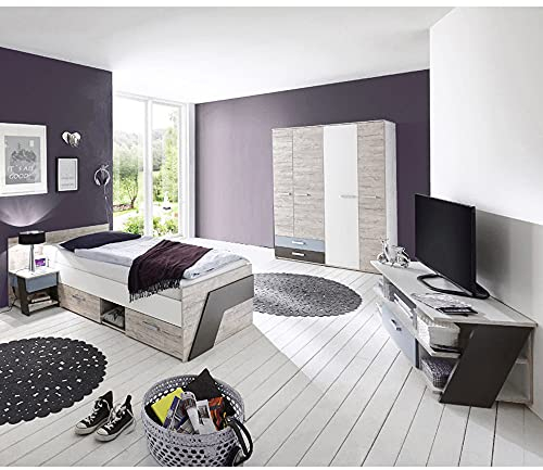 Jugendzimmer Kinderzimmer Set, Sandeiche mit weiß, Lava blau, 90x200 Bett, Kleiderschrank, Nachttisch, TV Lowboard