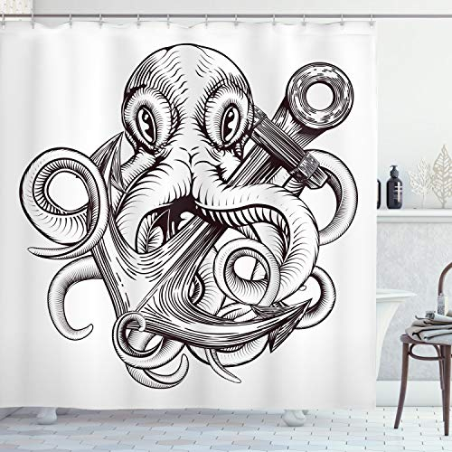 ABAKUHAUS Anker Duschvorhang, Octopus Tattoo Design, Stoffliches Gewebe Badezimmerdekorationsset mit Haken, 175 x 200 cm, Braun und weiß