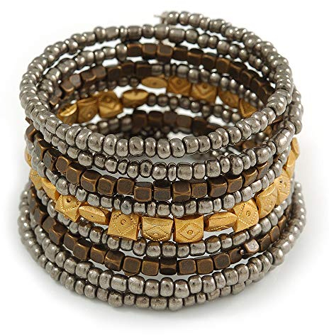 Avalaya Large bracelet enroulé en perles de verre acrylique flexible – 18 cm L – Réglable (gris, or, bronze)