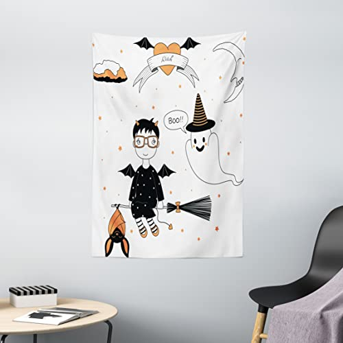 ABAKUHAUS Geist Wandteppich, Hexe, die auf einen Besenstiel fliegt, Wohnzimmer Schlafzimmer Heim Seidiges Satin Wandteppich, 100 x 150 cm, Orange Weiß und Schwarz