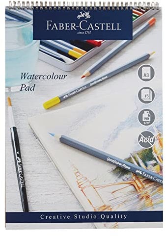 Faber-Castell Creative Studio Watercolour Pad, A3, Acid Free Spiral Bound Paper, 190 GSM, 15 Sheets for Watercolour Paint, Pencils and Markers, Arts, Craft, Home and School