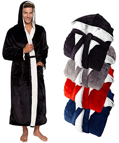 Ross Michaels Mens Robe Hooded Sherpa Big and Tall - Long Plush Spa Bath Robe with Hood and Pockets - Gifts Men