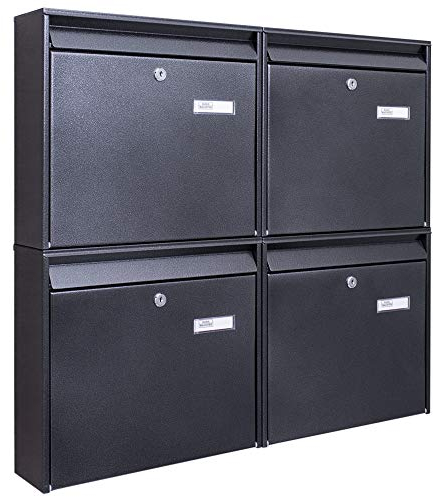 Banjado Burg-Wächter Briefkastenanlage/Briefkasten 4 Parteien/Burg Wächter Briefkästen schwarz/Briefkasten Mehrfamilienhaus/Postkasten XXL mit Namensschild