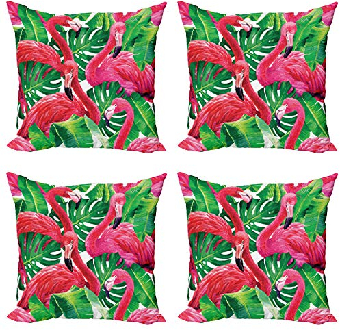 ABAKUHAUS Flamingo Dekokissen Kissenbezug 4er Pack, Retro exotische Blätter, Modern Accent Doppelseitiger Digitaldruck, 60 x 60 cm, Grün Rosa