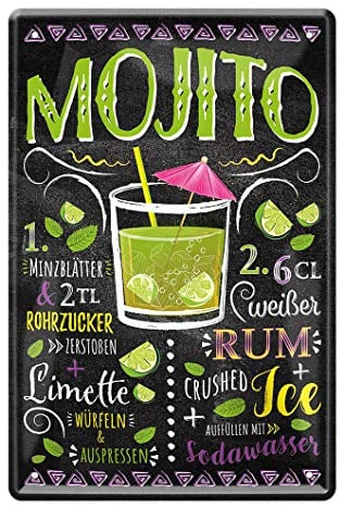 Blechschild Zutaten Rezept Anleitung Mojito - Retro Deko Schild - Metallschild Cocktail Longdrink Kuba Fans - Dekoration Küche Beach Bar Lounge Pub - Geschenk Beilage für Cocktail Mix Set - 20x30cm